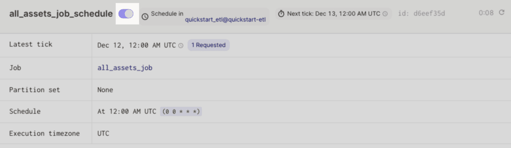 Start/stop toggle for schedules in Code Locations tab in the Dagster UI